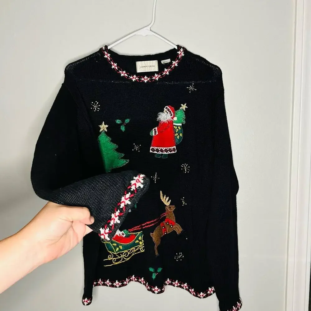 Vintage Lemon Grass Crew Neck Beaded Christmas Santa Tree Ugly Sweater size M - Picture 4 of 7